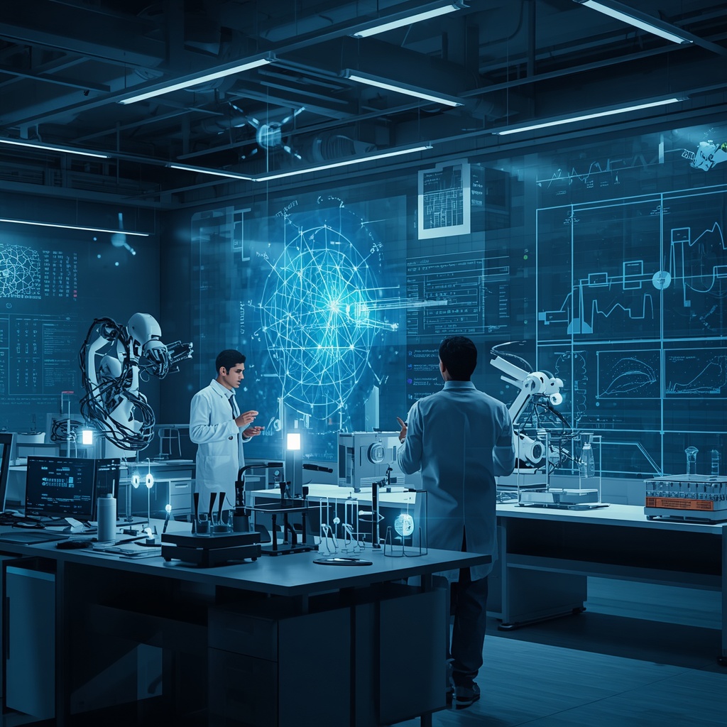 Futuristic AI research laboratory with holographic displays showing neural network architectures and robotic arms conducting experiments, male researchers in white lab coats analyzing data projections